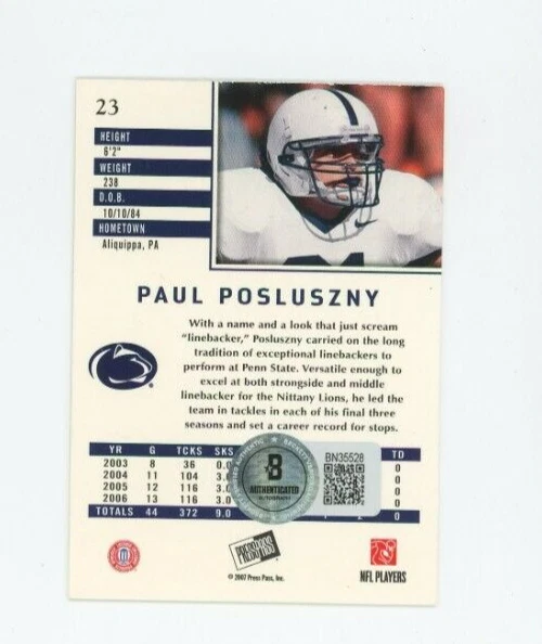 Paul Posluszny ROOKIE Auto Signed 2007 Press Pass SE Beckett BAS COA On-Card HOF - Image 2 of 2