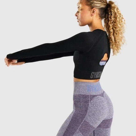 Gymshark Flex Sports Long Sleeve Crop Top Black Charcoal Size M