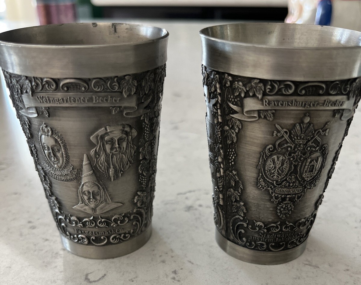 Zim Becker Stuttgart Pewter (2) Cups Ornate Engraving Basilika