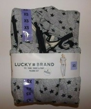 Lucky Brand Womens Pajamas Set 4 Piece Gray Navy Blue Stars Sleepwear M NWT