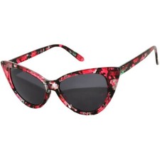CAT EYE FLORAL RED PATTERN SUNGLASSES DARK SMOKE LENS WOMENs UVB UVA PROTECTION