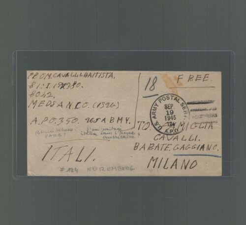 1945 WWII US Cover Nuremberg Germany to Milan Italy with Paris return address