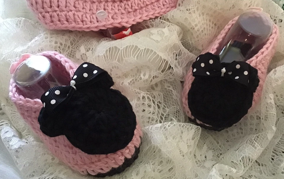 Pink& Black Mickey Mouse Handmade Crochet Hat & Booties, Size 6-9 Month - Image 2 of 4