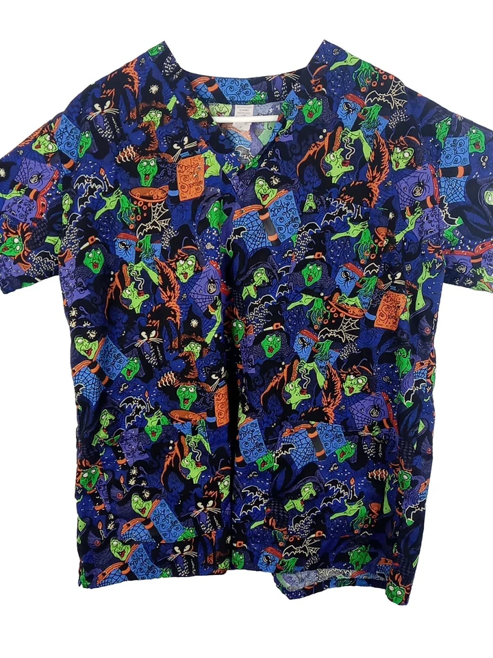 Scrub Shirt Women's M Short Sleeve Halloween Print V Neck Medical Nurse 3 Pocket - Image 3 of 4
