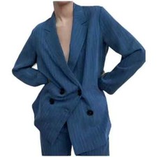 Zara NWT Blue Pinstrip Double-Breated Blazer Jacket Large