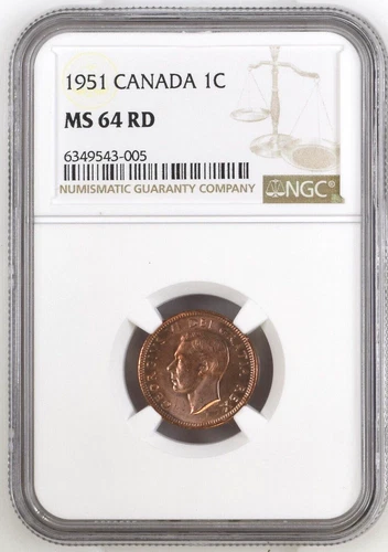 1951  NGC Graded Canadian, Small One Cent, MS64 Red