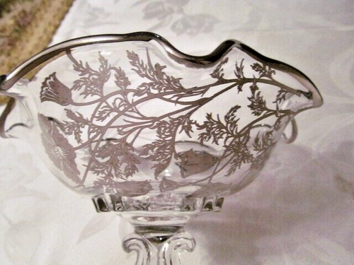 VTG Silver City Flanders Art Nouveau Candy Compote Dish Overlay Glass Poppy - Picture 3 of 6