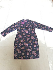VINTAGE NAVY BLUE PINK FLOWER SILK DAMASK CHEONGSAM QIPAO PANKOU CLOSURE DRESS
