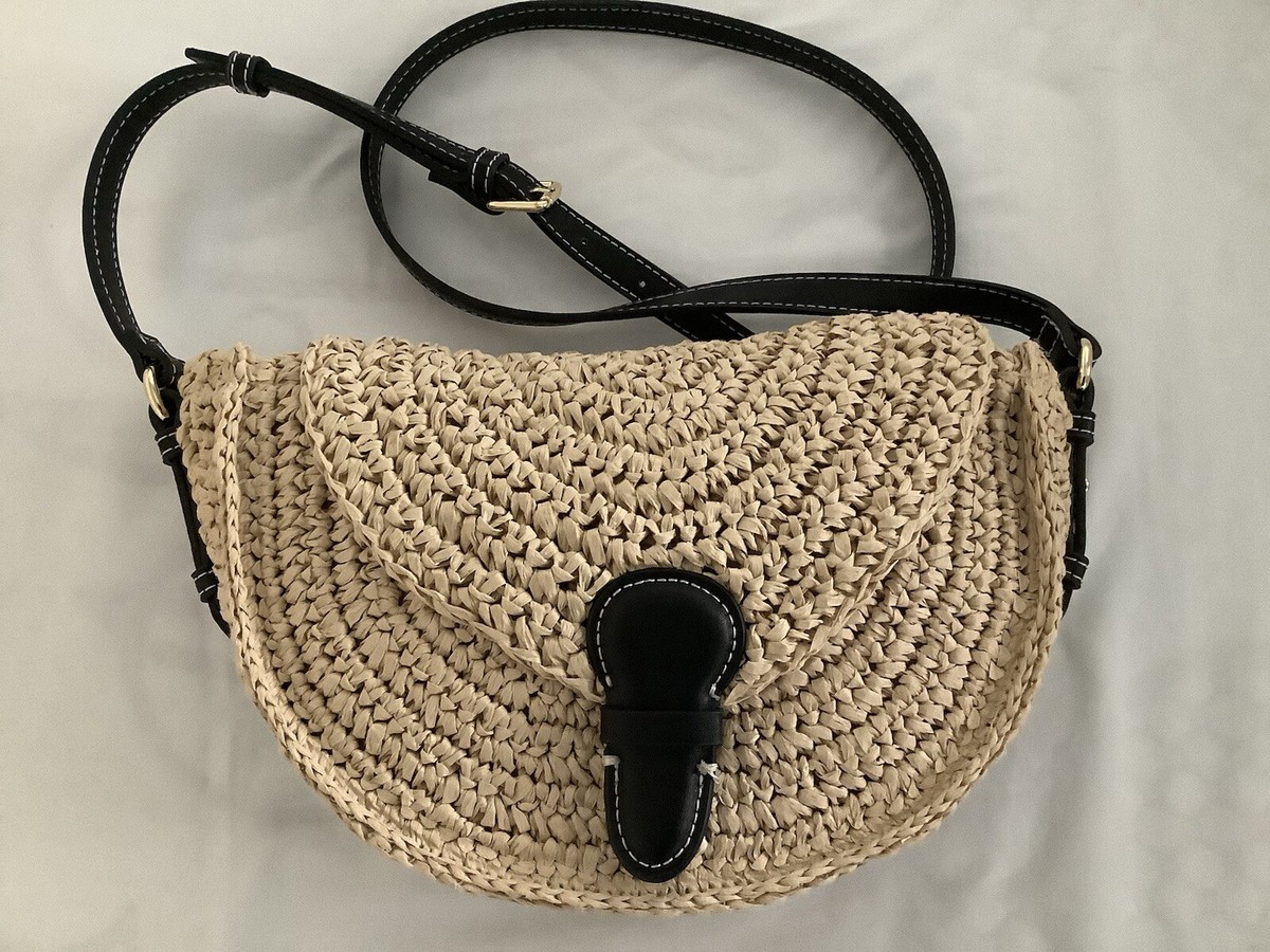 Zara Womens Woven Straw Crossbody Bag Leather Strap