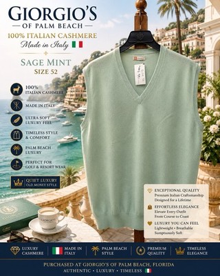Giorgio s Of Palm Beach 100% Italian Cashmere Sage Mint Sweater Vest Size 52  
