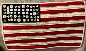 Primitive Wool Hand-Sewn American Flag Banner With Antique Buttons 
