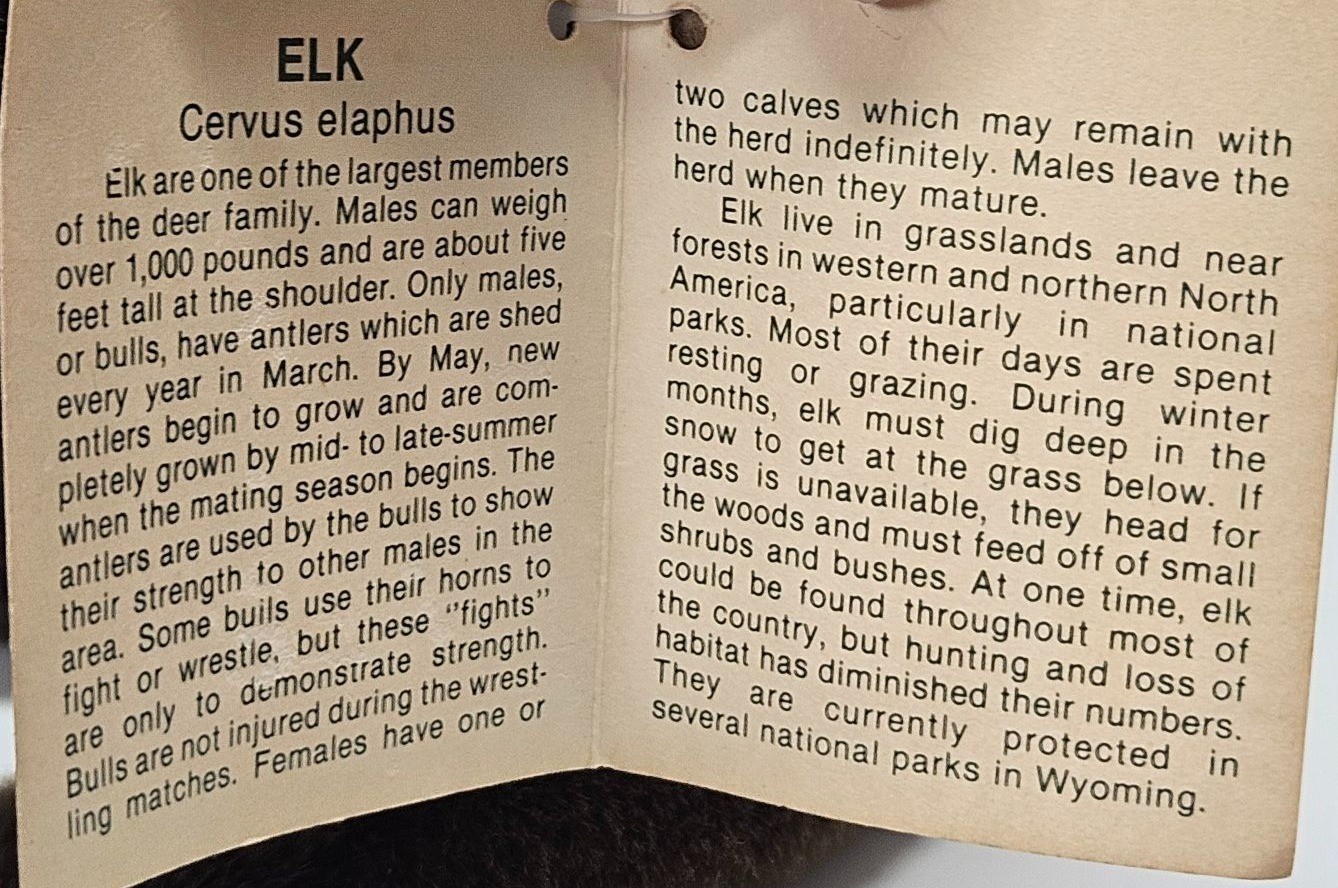 Vintage 1994 K&M International Roosevelt Elk Plush 11" Wildlife Toy w/ Tags