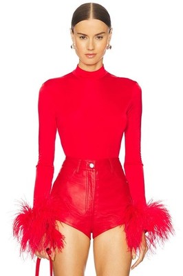 David Koma Feather Cuff Trim Bodysuit Red Long Sleeve UK 8 US 4NWT $1564