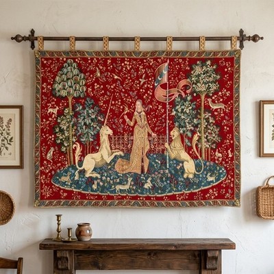 Vintage French Tapestry 2x3 Ft Unicorn Wall Hanging Antique Fantasy Home Decor