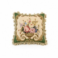 Vintage Floral Needlepoint Tapestry Pillow Fringe Cottage French Country 14