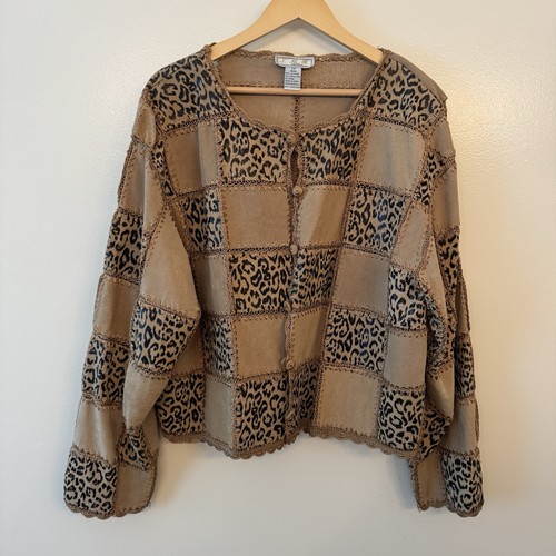 Vintage SMH Leather Patchwork Leopard Print Jacket 2X Crochet Scalloped Hem Tan