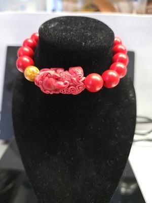 Feng Shui Lucky Red Pi Xiu Cinnabar & Coral 6mm Beads Bracelet Stretchy 7'' 