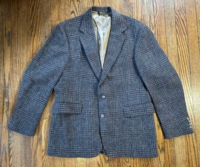 Vintage Hunting Horn Wool Tweed Sport Coat Mens Approx 40R USA Glen Plaid