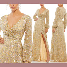 NWT $598 Mac Duggal [ 4 ] 5213 Colored Sequin Long Sleeve Gown Champagne S1114