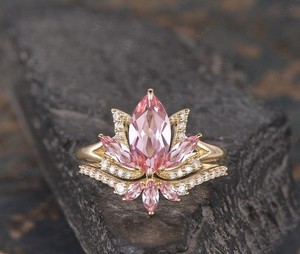 Authentic Marquise Cut Natural Pink Tourmaline 14k Gold Plated 925 Silver Lotus Ring Set