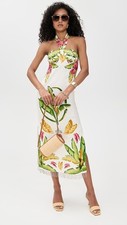 Farm Rio Summer Foliage Scarf Halter Neck Midi Dress Size M Ivory Multicolor