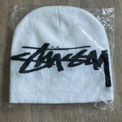 Stussy White Beanie Hat with Black Logo Graphic One Size Unisex Adults