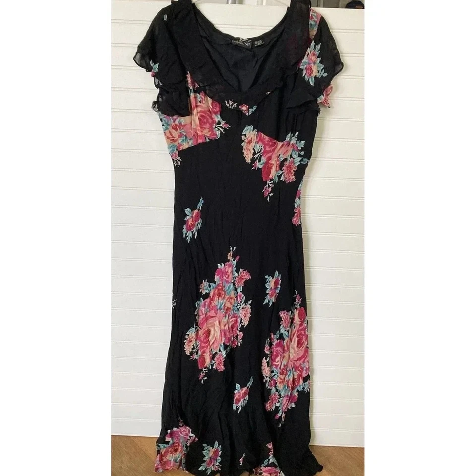 Vintage Lola P. Floral Beaded Maxi Dress XL Ruffle Bias Cut Black Romantic - Photo 1/1
