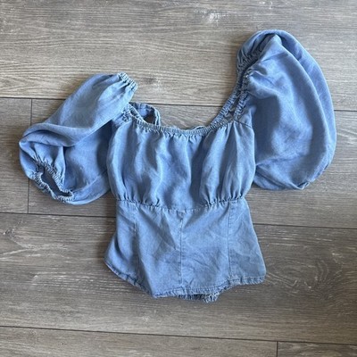 Promod Soft Denim Puff Sleeve Back Bow Blouse Blue Size 8 Made In Dubai