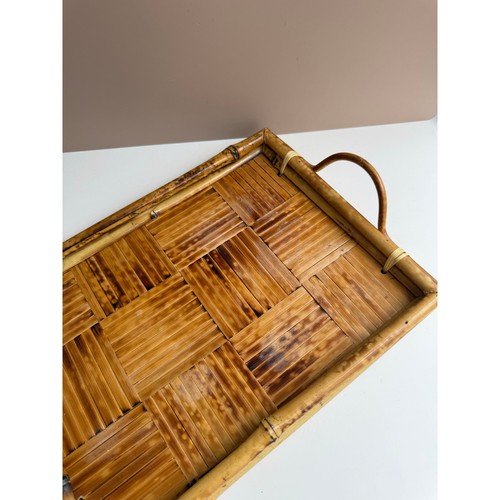 Vintage Bamboo Tray | Tortoiseshell Pattern Boho Tiki Style Burnt Bamboo Handles - Picture 4 of 8