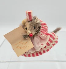 Vintage Real Fur Mouse Figurine Get Well Card Red Dress Nurse Hat Cute Retro