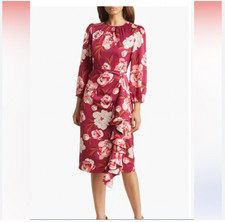 Eliza J Dress Womens 14 Red Floral Satin Ruffle Sheath Knee Length