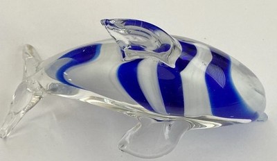 Dolphin Art Glass 6  Blue and White Striped Blown Glass Figurine Beautiful Shine