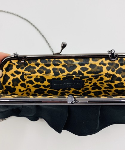 Black satin Hollywould x Target ruffle clutch with chain strap, Leopard Lining - Picture 4 of 5