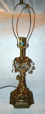 VINTAGE ACCURATE CASTING BRASS PUTTI CRYSTAL PRISM TABLE LAMP 29"