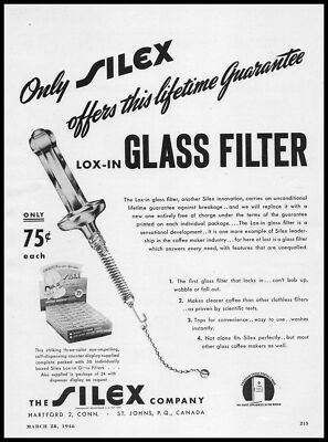 1946 The Silex Company Lox-In Glass Filter 75¢ Store Display Vintage Print Ad