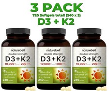 Vitamin D3 K2, 3 PACK, 10,000 IU Vitamin D, 200 mcg Vitamin K MK-7, 240 Softgels