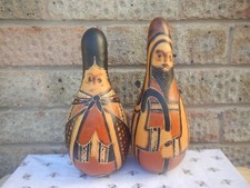 VINTAGE GOURD PERUVIAN CARVED, PAINTED MAN & WOMAN , INTRICATE , RATTLE , DECOR