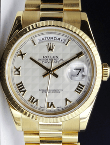 ROLEX-36mm-18kt-Gold-DayDate-President-Ivory-Pyramid-Roman-118238-SANT-BLANC