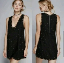 FREE PEOPLE Soho Heart Studded Mini Dress Black Bronze Tunic Exposed Zip Sz 0