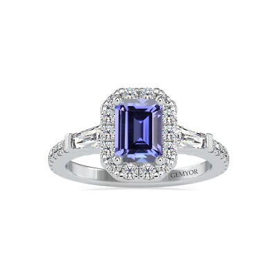 Smaragd Tansanit und Diamant Baguette Halo Verlobungsring in 14K Weißgold