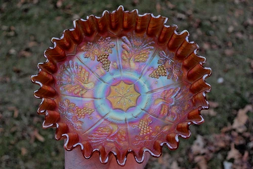 ANTIQUE FENTON PEACOCK AND GRAPE CARNIVAL GLASS CRE BOWL, MARIGOLD - RARE SHAPE