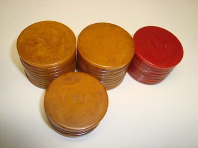 Vintage Monogramed Catalin Plastic Poker Chips, LHC   36 In All