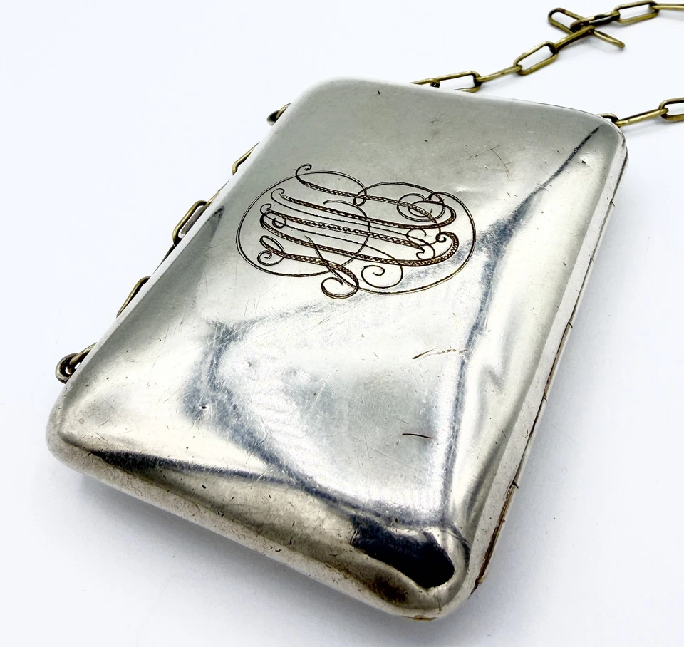 Antique Silver Plate Necessary Purse w/ Mirror & Celluloid Notepad Monogrammed - Image 4 of 4