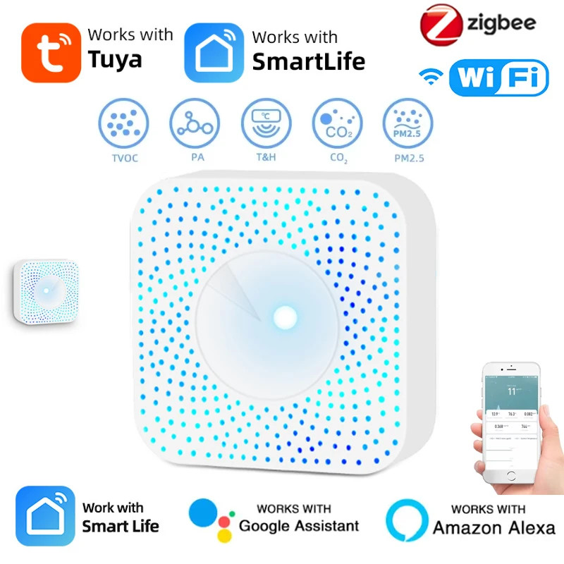 Tuya ZigBee/WiFi Air Quality Detector PM2.5 VOC CO2 Temp 6in1 Smart Air Sensor