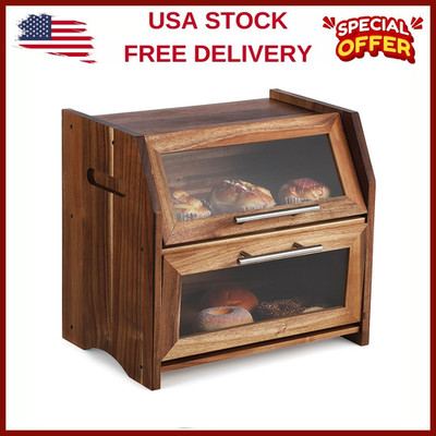 Bread Box,Double Layer Acacia Wooden Bread Bin w/Clear Acrylic Door Panel,Home