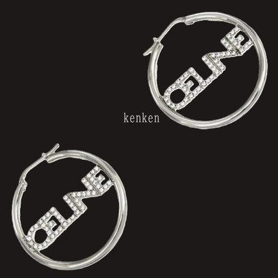 CELINE Earrings AUTH Hoop Crystal Silver Rhinestone kenkenjp Circle Medal Logo