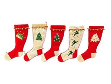 Vintage 1960's CHRISTMAS STOCKINGS Felt Bells Sequin Beads Handmade 15" Lot of 5