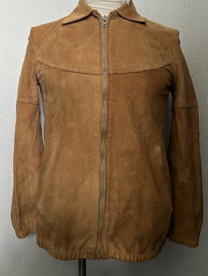 Herren 70er Jahre Beige Wildleder Lederjacke Vintage Western Reißverschluss Disco Mod Style 36