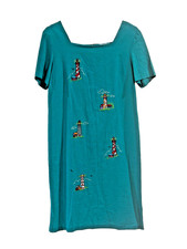 Country Concept Linen Cotton Dress w/ Embroidered Lighthouses - SMALL