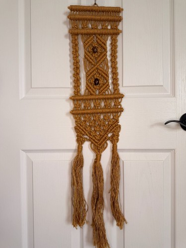 Vintage Mustard Yellow Macrame Wall Hanging with Wooden Beads